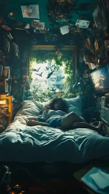 Dreamy bedroom escape where city light meets wild sky.