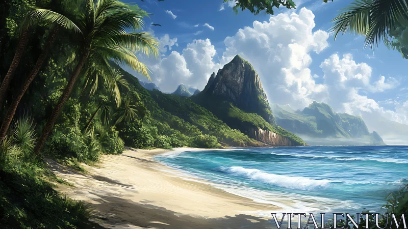 Tropical beach with dramatic mountain peak and palm forest.