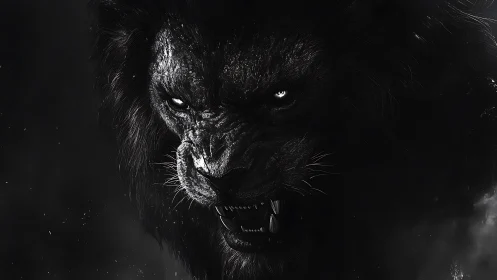 Shadow-forged lion portrait with predatory glare.