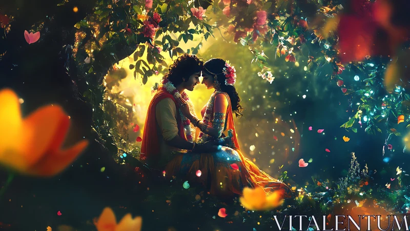 Couple in Traditional Attire Within Luminous Floral Environment.