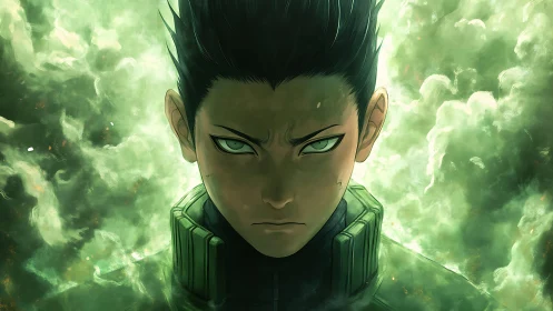 Storm-eyed anime hero emerging from swirling green power.