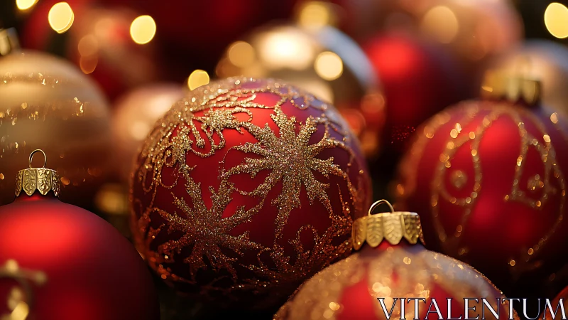 Macro study of glittered red Christmas baubles under bokeh light.