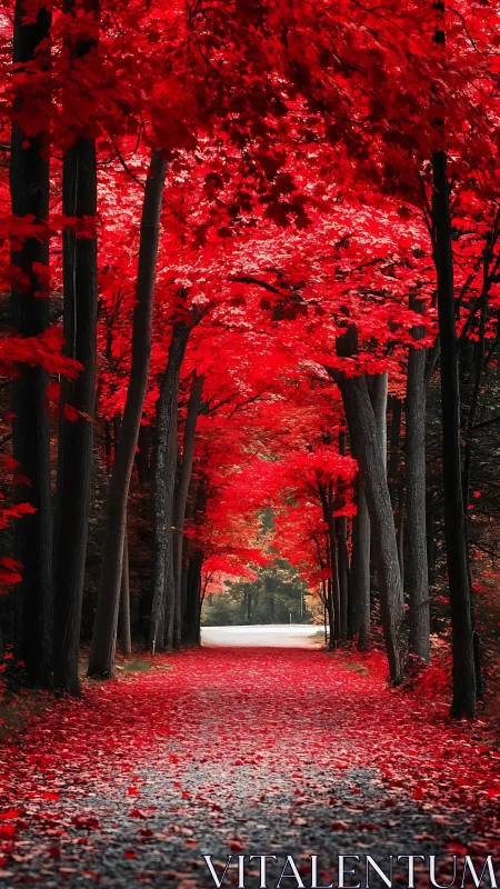 Straight forest path under dense red autumn tree canopy.