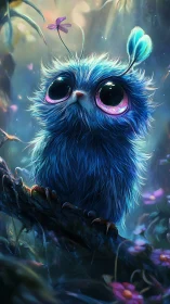 Moonlit blue fluff-creature dreams in glowing flower forest.