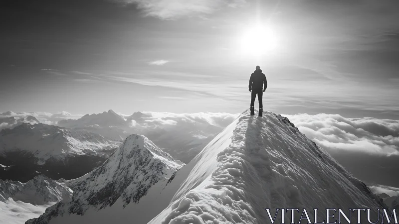 Backlit mountaineer on narrow snowy ridge under high-contrast sun
