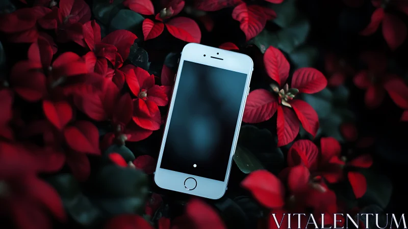 White Smartphone Resting Among Deep Crimson Foliage and Blurred Botanical Elements