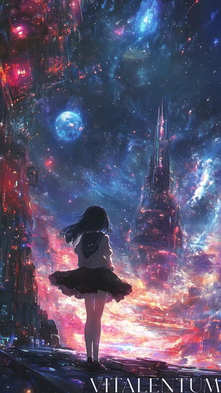 Stargazing schoolgirl before luminous cosmic megacity skyline.