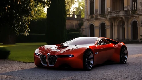 Sculpted red BMW supercar poised before grand villa at dusk.
