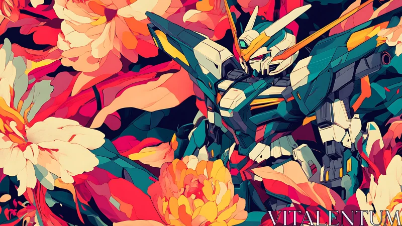 Digital painting mecha framed by explosive floral abstractions.