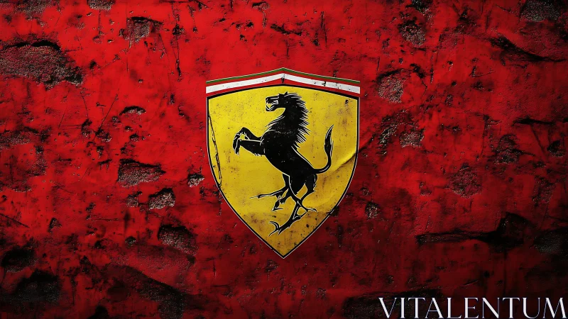 Racing emblem rendered on distressed red textured metal wall