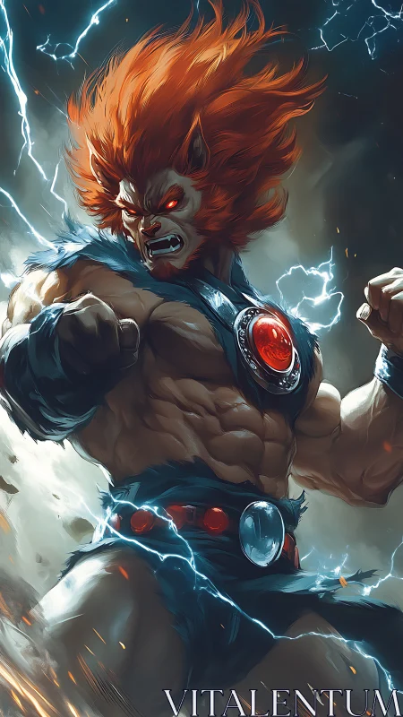 Anthropomorphic warrior stands amid lightning with energy medallion