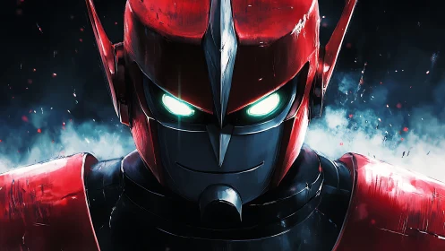 Red armored humanoid robot faces viewer with illuminated eyes