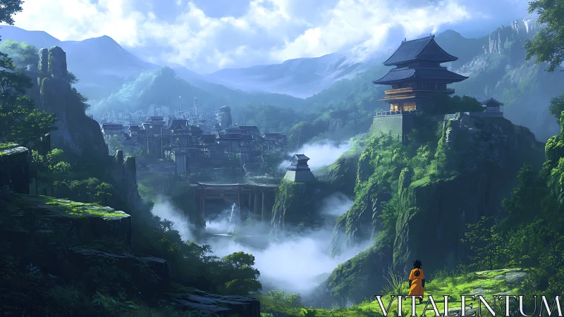 Quiet mountain village and lone traveler wrapped in mist.