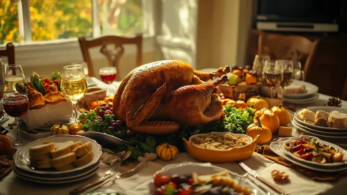 Roast turkey on formal dining table with assorted side dishes.