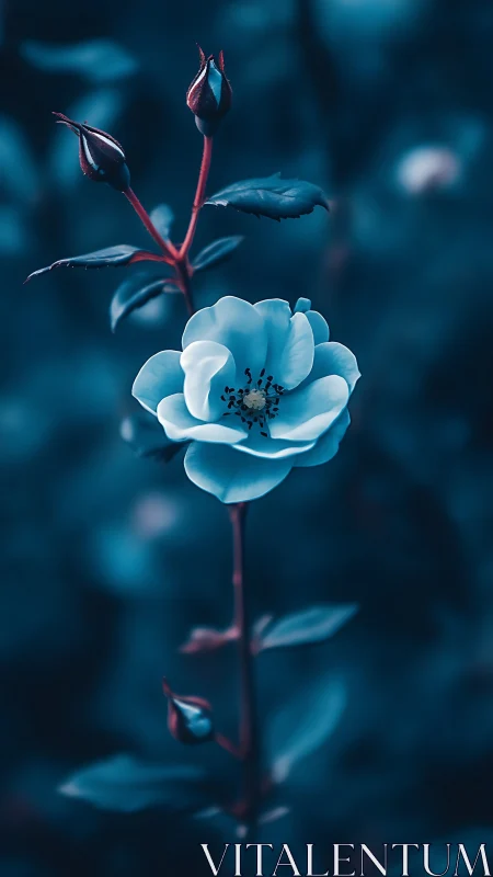 Blue bloom with unopened buds and red stem structure.