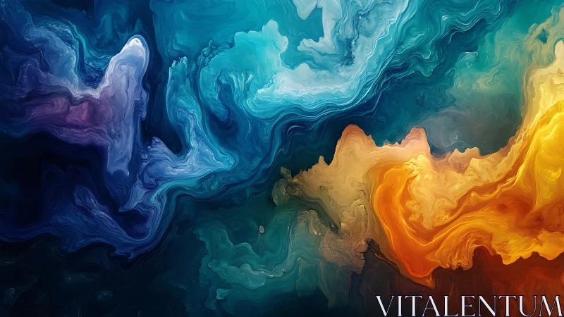 Swirling teal and amber clouds flow in luminous abstract motion
