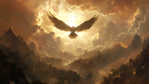 Sun-forged phoenix sweeps over stormlit valley kingdom