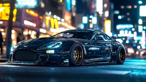 Photorealistic widebody street racer in neon cityscape at night.