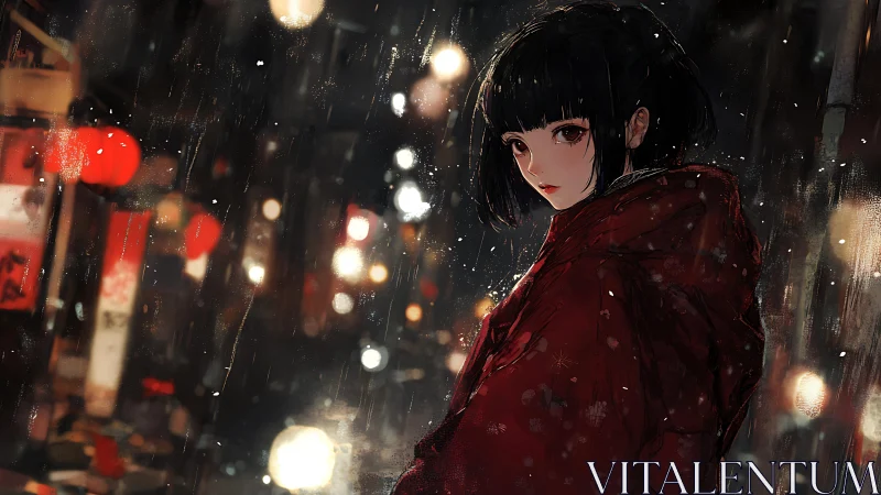 Red-clad anime girl stands in rainy neon-lit night street