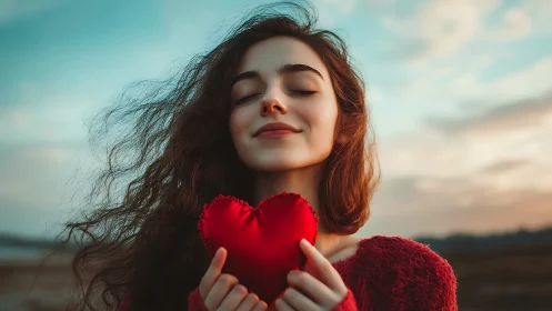 Woman Holding Red Heart Against Cloudy Sky