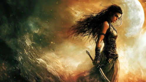 Fierce moonlit warrior standing strong in swirling starlight.