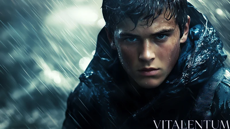 Determined wet teenager faces storm under blue raincoat