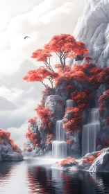 Crimson cascades under pale cliffs in dreamlike silence.