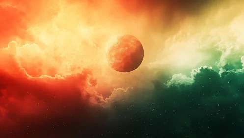 Red planetary body centered in multicolored nebula field.