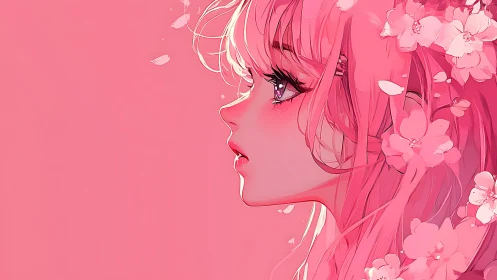 Pink-haired anime girl gazes at drifting blossoms in profile.