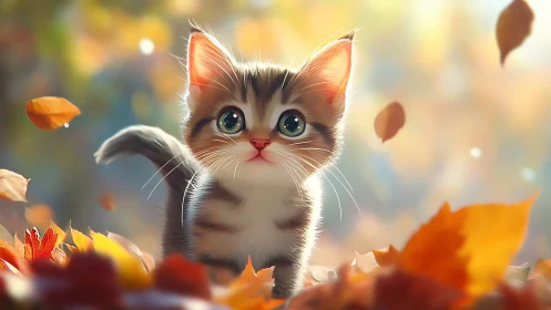 Adorable Kitten Discovers Wonder Among Autumn Leaves.
