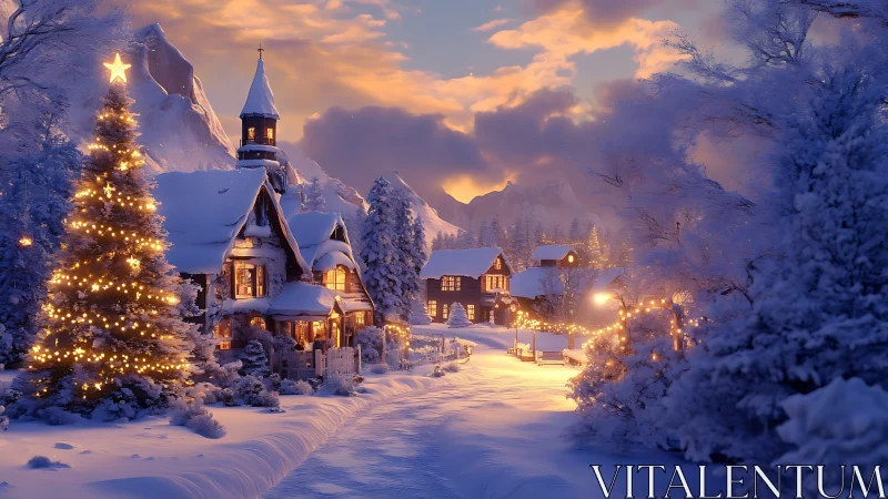 Snowy village glows under warm Christmas twilight sky.