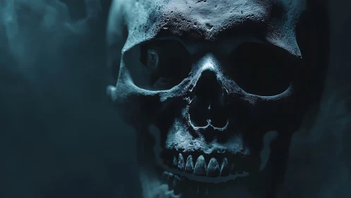 Dark close-up of human skull in blue atmospheric light.