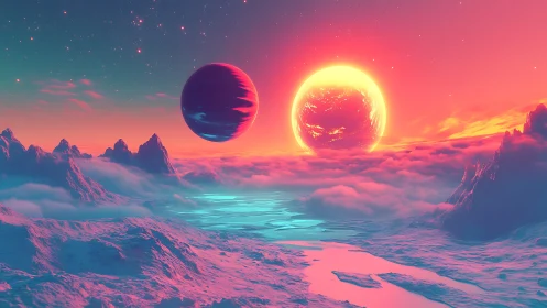 Binary suns ignite neon alien ice valley in cosmic dusk.