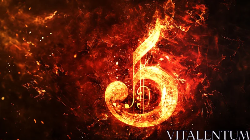 Fiery treble clef symbol with glowing musical notes on black.