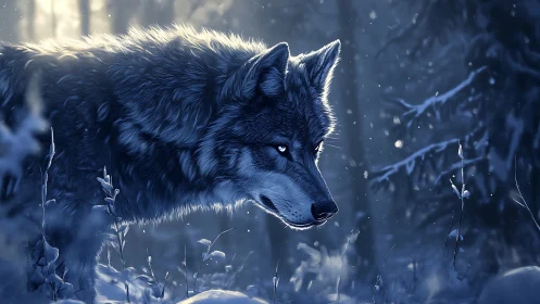Moonlit winter wolf stalks through silver-shadowed forest.