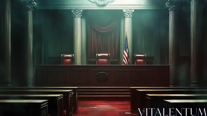 Empty grand courtroom interior glows under moody light