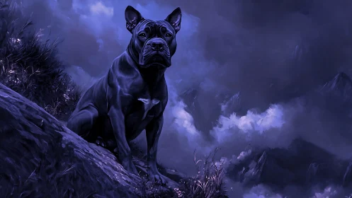 Dark muscular dog on rocky slope in moonlit blue fog.