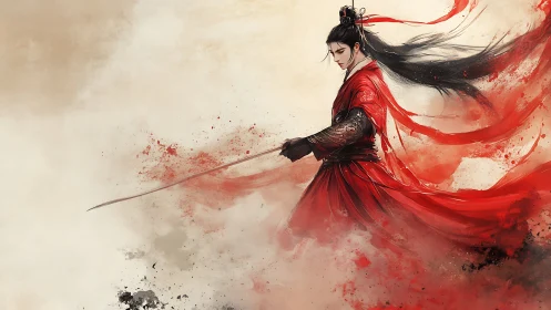 Scarlet swordsman in swirling ink and misted battlefield.