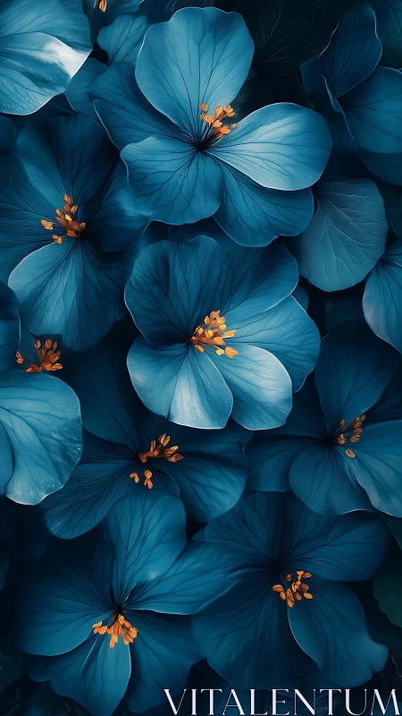 Cerulean Blooms with Golden Stamens: Translucent Petals in Deep Blue Composition.