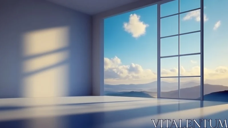 Minimalist interior framing a photorealistic alpine sunrise view