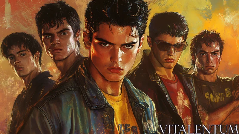 Neo-noir portrait of five defiant teenage boys in leather