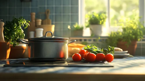 Sunlit stainless pot and tomatoes in tiled herb kitchen.