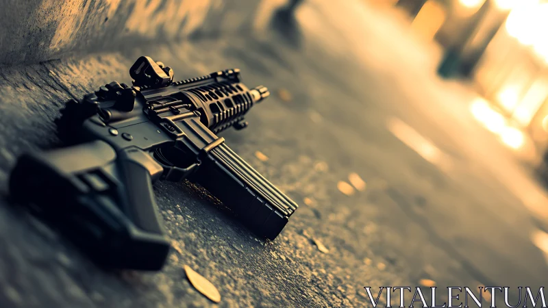 Forsaken carbine naps in golden evening city blur