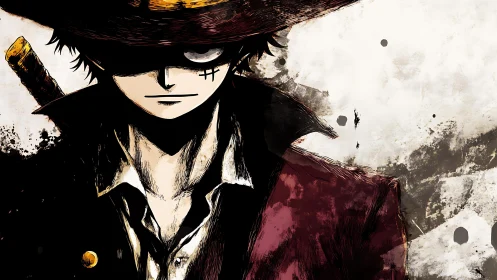 Straw hat swordsman in shadowed anime portrait profile.