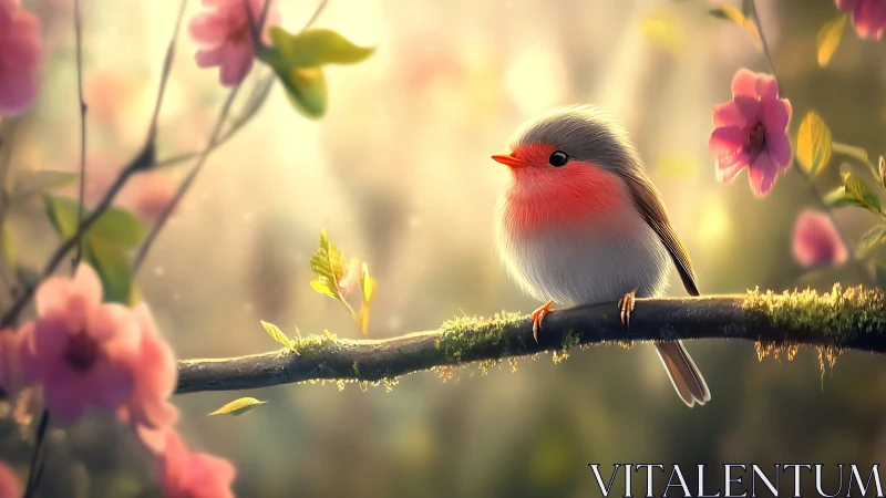 Fluffy Songbird on Mossy Branch in Dreamy Spring Floral Art.