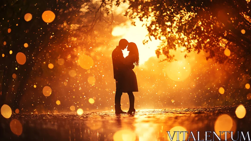 Silhouetted couple embracing amidst golden bokeh particles and luminous atmospheric effects.