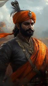 Ember-crowned warrior prince in blazing saffron regalia.