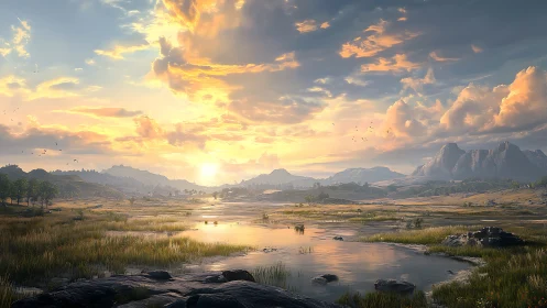 Digital painting of luminous river plain under expansive sky.