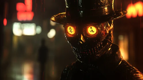 Cybernetic skull detective stands in neon-soaked rain