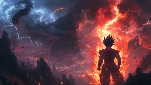 Storm-scarred warrior confronts thunder dragon horizon.